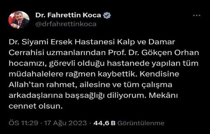 Bakan Koca, Prof. Dr. Gökçen Orhan için taziye mesajı yayınladı