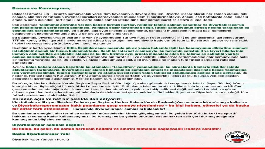 Diyarbakırspor'dan hakem kararlarına sert tepki